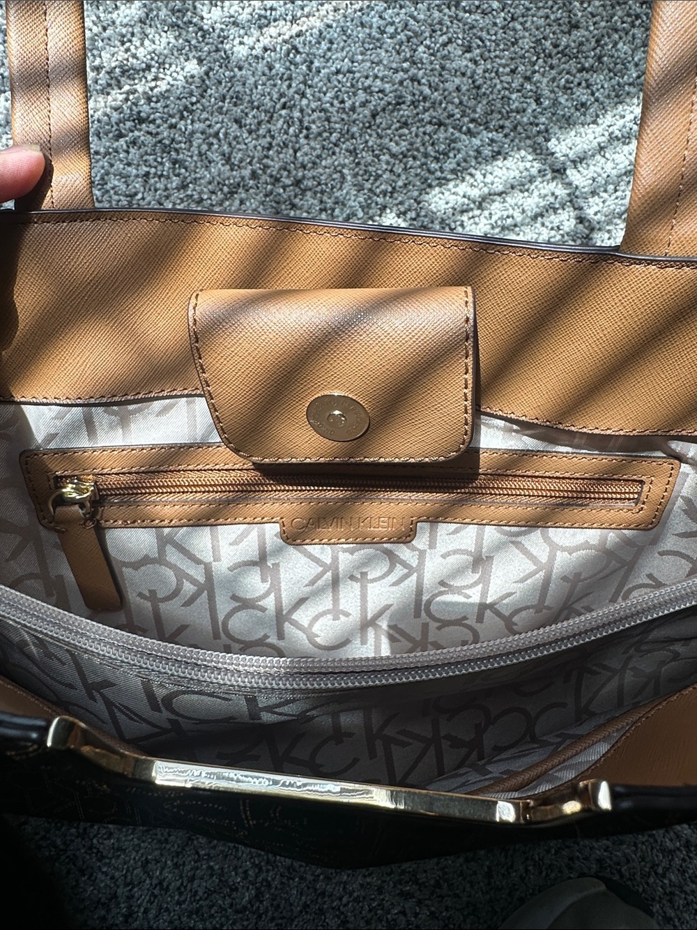 Calvin Klein Dark Brown Monogram Tote with Tan Straps NWOT - Picture 5 of 11